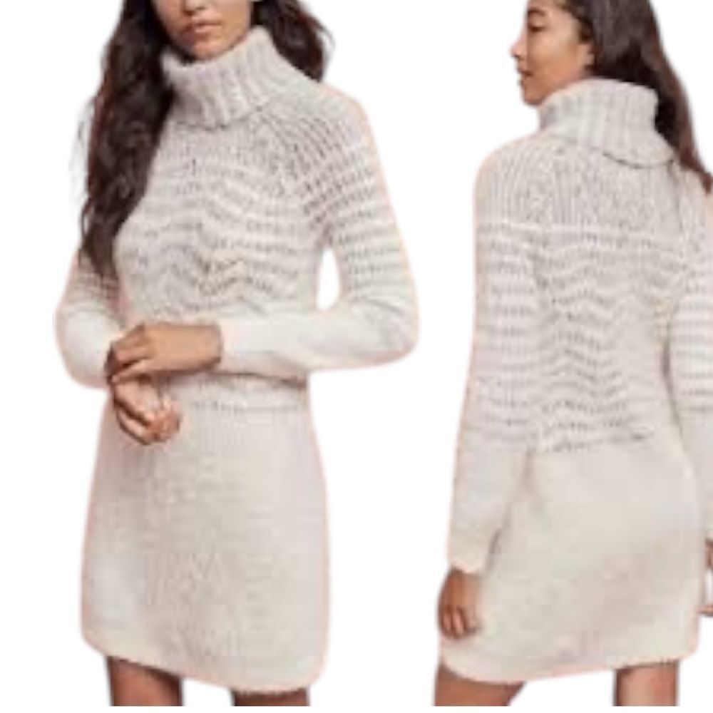 Anthro Sleeping on Snow Cozy Cream Turtleneck Sweater Dress